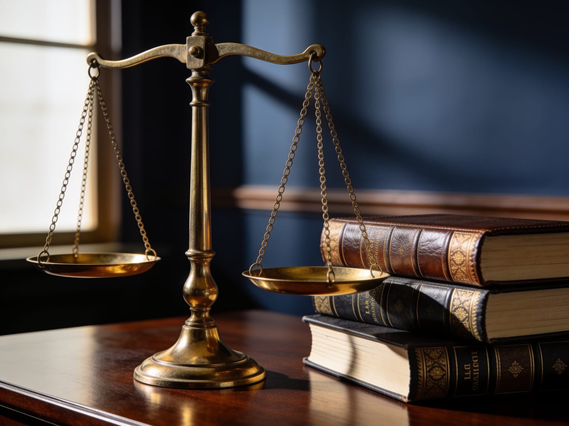 Brass scales of justice on a desk beside bound legal volumes