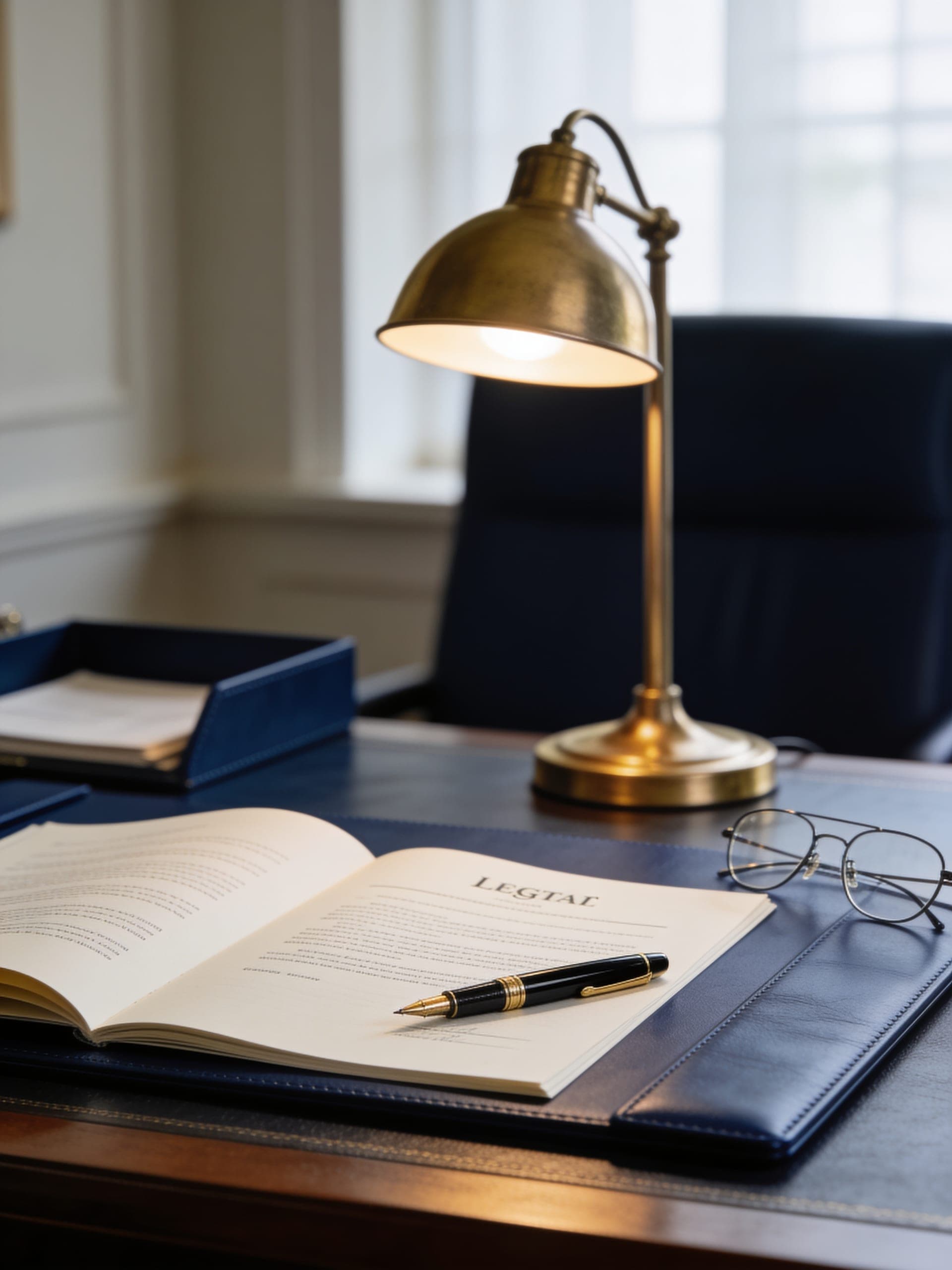 A legal contract and fountain pen on a partner's desk at Emerald & Partners